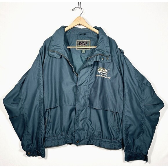 Vtg 90s MV Sport American Road Line Windbreaker Jacket Men Large Green Hooded - Picture 1 of 13